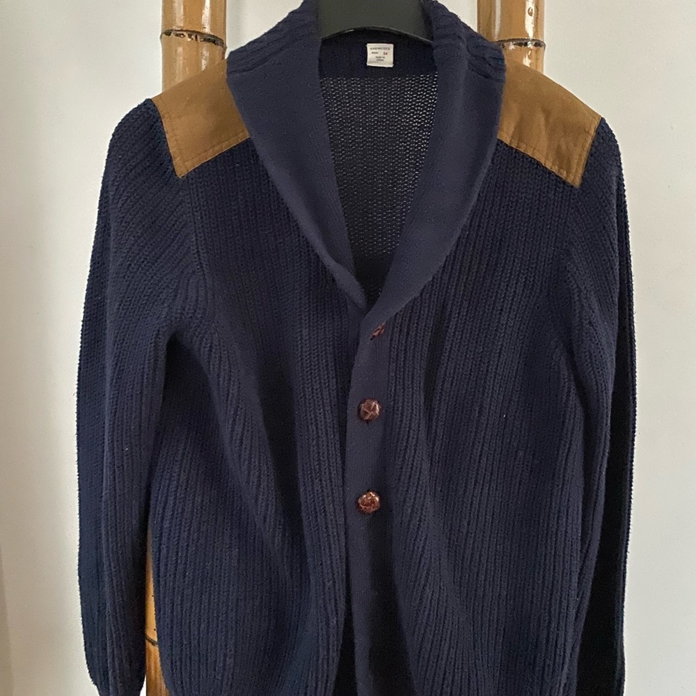 Crewcuts Navy knit sweater with shoulder patches.